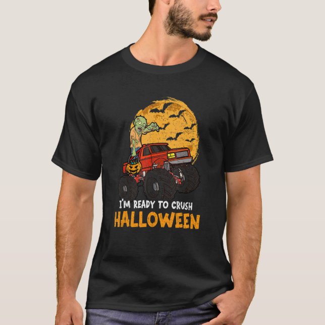 Halloween Skeleton Zombie Riding Monster Truck Vam T-Shirt (Front)
