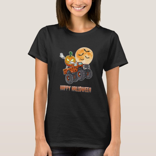 Halloween Skeleton Zombie Riding Monster Truck Vam T-Shirt (Front)