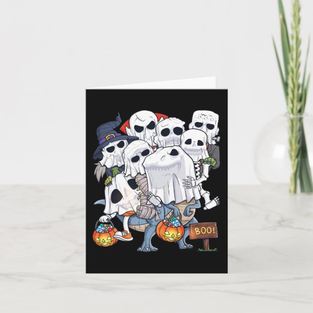 Halloween Skeleton Zombie Riding T Rex Funny Pumpk Card (Front)