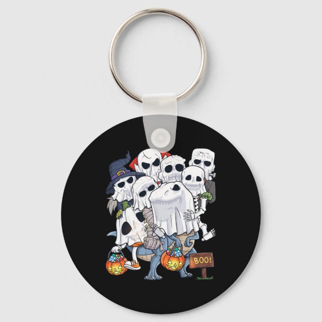 Halloween Skeleton Zombie Riding T Rex Funny Pumpk Key Ring (Front)