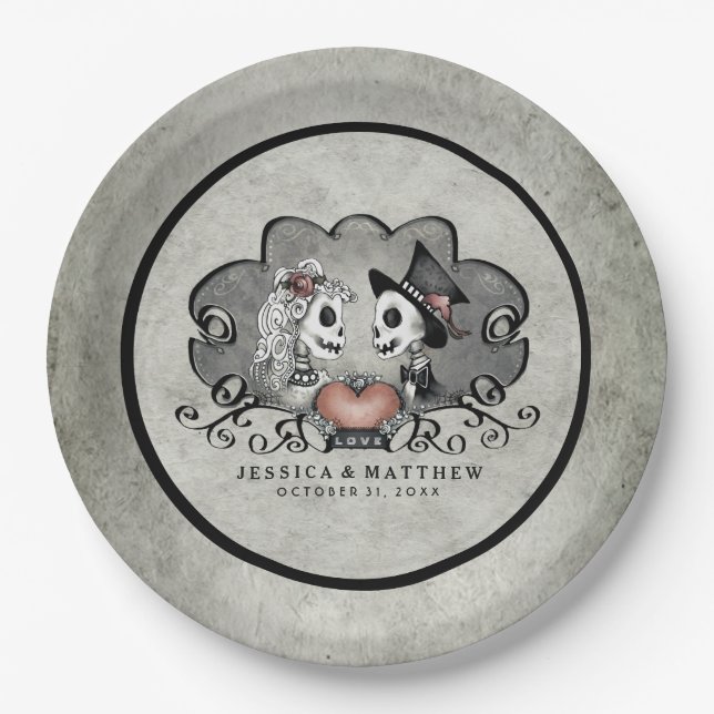 Halloween Skeletons Black & Grey Matching Wedding Paper Plate (Front)