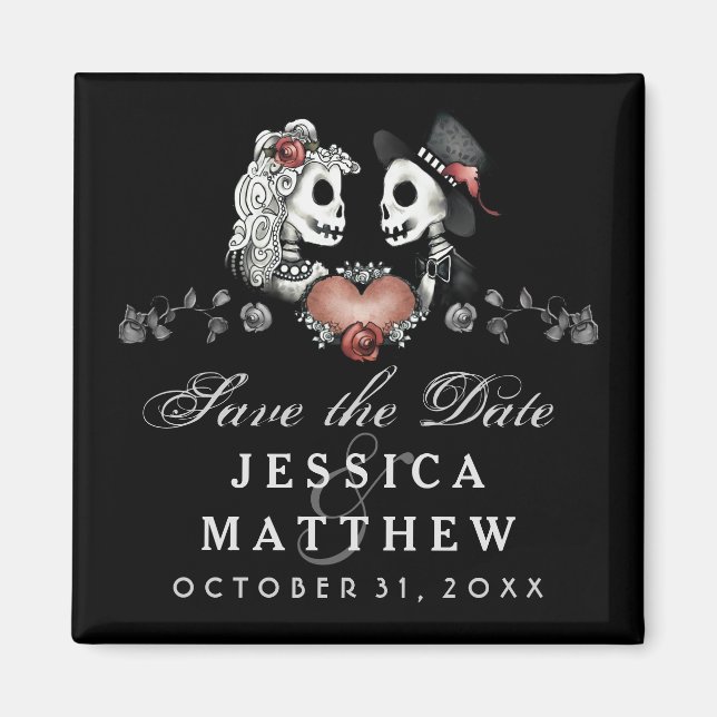 Halloween Skeletons Black Heart Save the Date Magnet (Front)