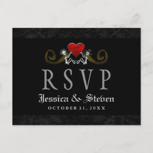Halloween Skeletons & Heart Matching Wedding RSVP Invitation Postcard