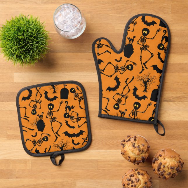 Halloween Skeletons Macabre Dance Oven Mitt & Pot Holder Set (Top Down)