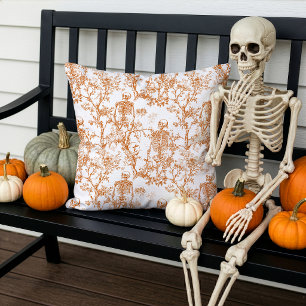 Halloween Skeletons Toile de Jouy Orange White Cushion
