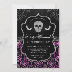 Halloween Skull and Bat Damask 21st Birthday Invitation