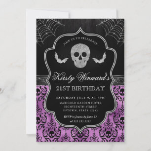 Halloween Skull and Bat Damask 21st Birthday Invitation