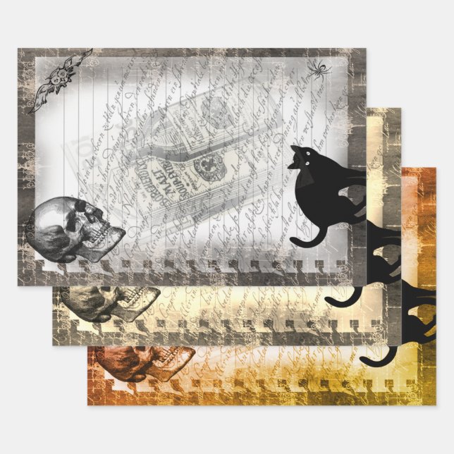 Halloween Skull and Black Cat Script Ephemera Wrapping Paper Sheet (Set)