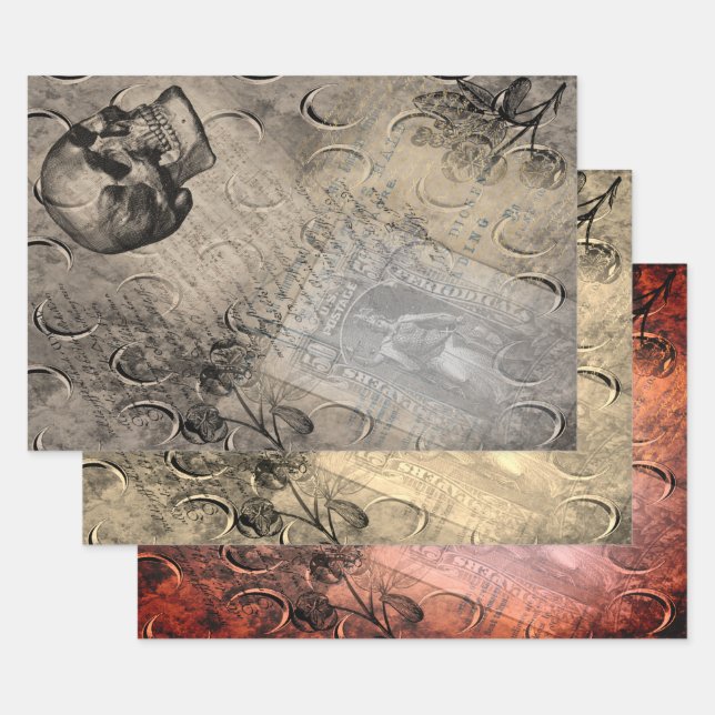 Halloween Skull and Moon Pattern Stamp Ephemera  Wrapping Paper Sheet (Set)