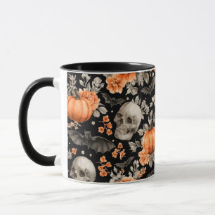 Halloween Skull Bats and Flowers Black Mug
