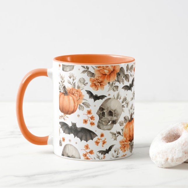 Halloween Skull Bats and Flowers Mug (With Donut)