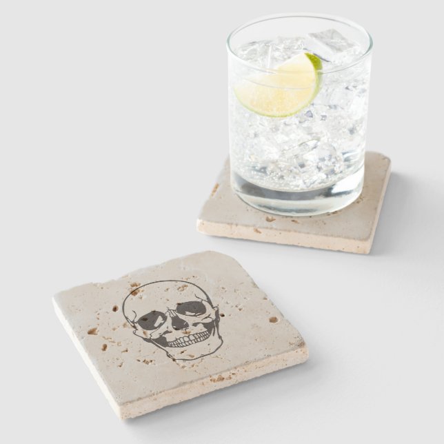 Halloween Skull Black Line Drawing Stone Coaster (Side)