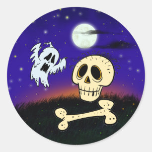 Halloween skull, bone, ghost and moon scene classic round sticker