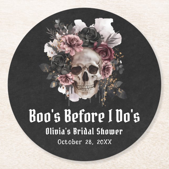 Halloween Skull Boo's Before I Do's Bridal Shower Round Paper Coaster (Front)