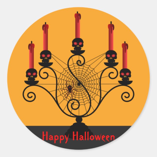 Halloween Skull Candelabra and Spider Classic Round Sticker (Front)