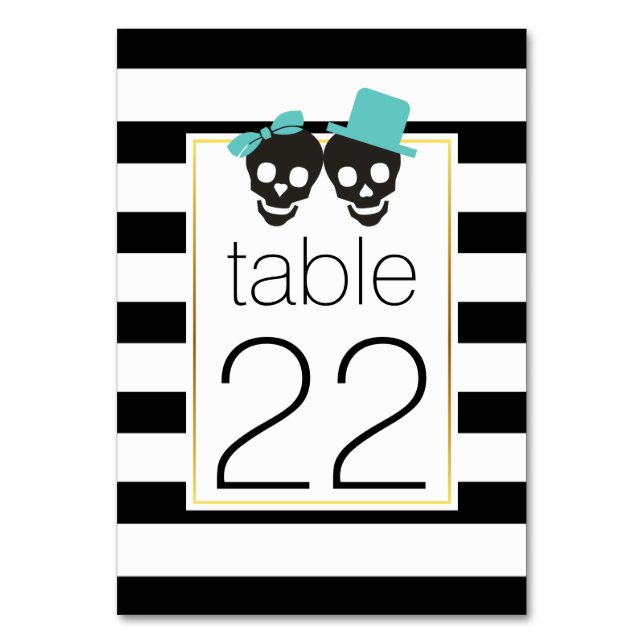 Halloween skull couple aqua wedding table number (Front)