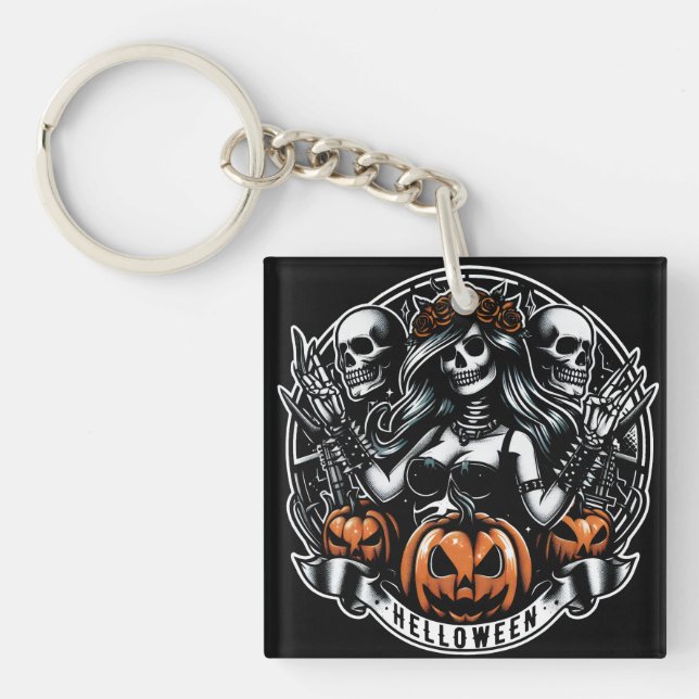 Halloween Skull Gothic Girl Helloween Witch Key Ring (Front)
