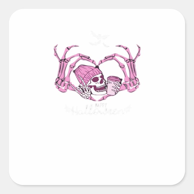 Halloween Skull Heart Hands Skeleton Beanie Design Square Sticker (Front)