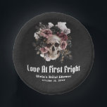Halloween Skull Love At First Fright Bridal Shower Paper Plate<br><div class="desc">These paper plates feature a spooky yet romantic design with intertwined skulls and the phrase "Love At First Fright, " perfect for setting the tone at a Halloween-themed bridal shower. Made from durable, disposable material, they offer both style and convenience. Ideal for serving treats, these plates bring a unique blend...</div>