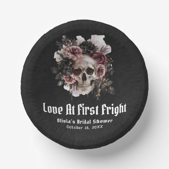 Halloween Skull Love At First Fright Bridal Shower Paper Plate (Front)