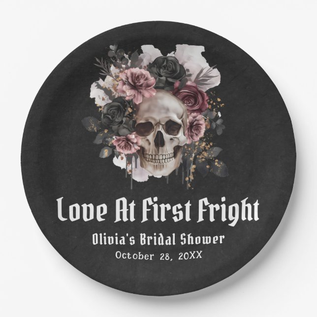 Halloween Skull Love At First Fright Bridal Shower Paper Plate (Front)