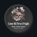 Halloween Skull Love At First Fright Bridal Shower Paper Plate<br><div class="desc">These paper plates feature a spooky yet romantic design with intertwined skulls and the phrase "Love At First Fright, " perfect for setting the tone at a Halloween-themed bridal shower. Made from durable, disposable material, they offer both style and convenience. Ideal for serving treats, these plates bring a unique blend...</div>