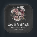 Halloween Skull Love At First Fright Bridal Shower Paper Plate<br><div class="desc">These paper plates feature a spooky yet romantic design with intertwined skulls and the phrase "Love At First Fright, " perfect for setting the tone at a Halloween-themed bridal shower. Made from durable, disposable material, they offer both style and convenience. Ideal for serving treats, these plates bring a unique blend...</div>