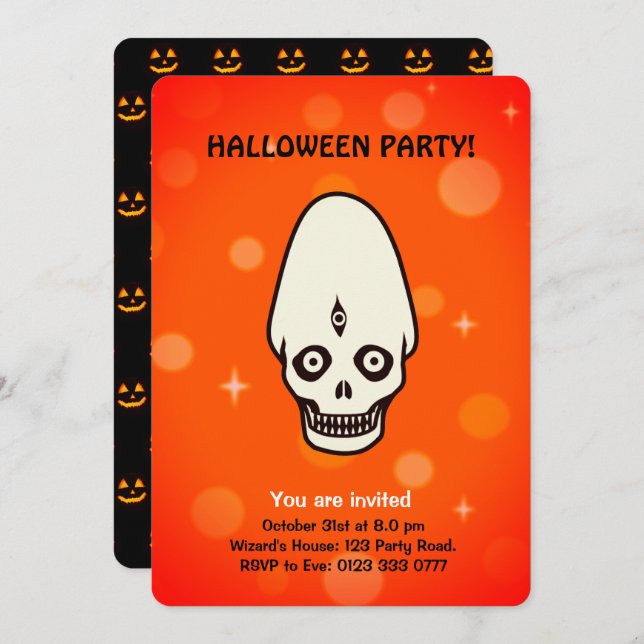 Halloween skull on black & orange invitation (Front/Back)