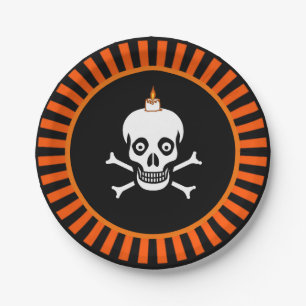 Halloween skull on black & orange paper plate