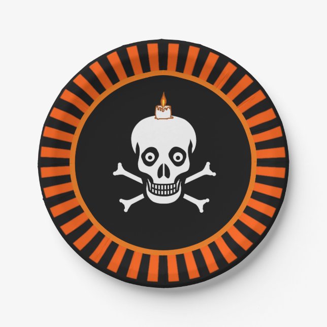 Halloween skull on black & orange paper plate (Front)