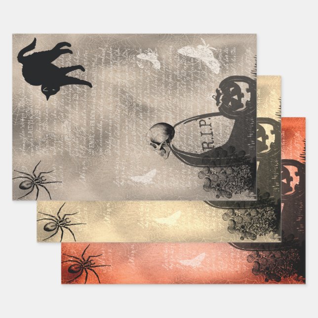 Halloween Skull On Tombstone and Black Cat Wrapping Paper Sheet (Set)