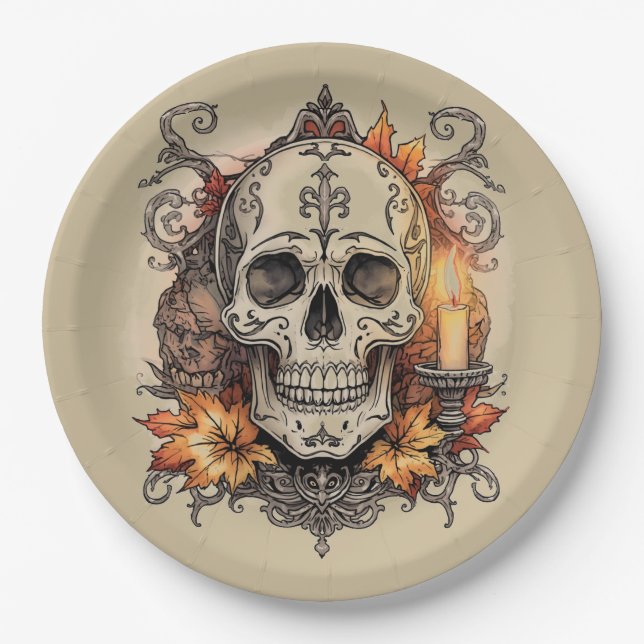 Halloween,Skull Pattern, Candlelight Calavera, Paper Plate (Front)