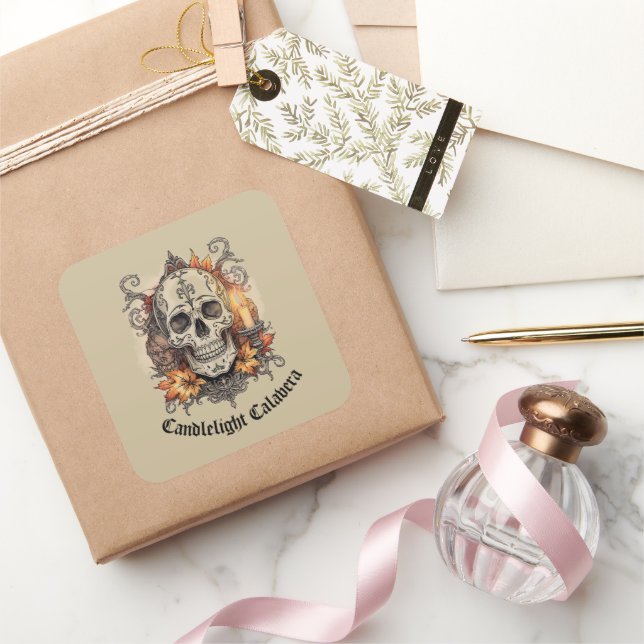 Halloween,Skull Pattern, Candlelight Calavera, Square Sticker (Gifting)