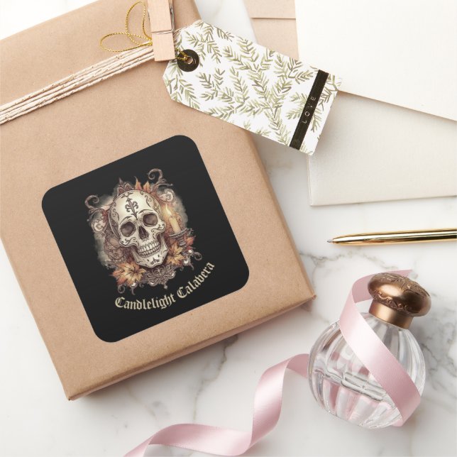Halloween,Skull Pattern, Candlelight Calavera, Square Sticker (Gifting)