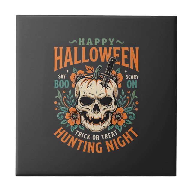Halloween Skull Pumpkin Hunting Night Design_1 Ceramic Tile (Front)