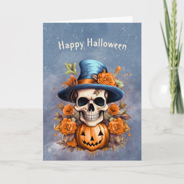 Halloween Skull Pumpkin Roses Card (Front)