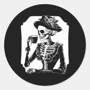 Halloween Skull Skeleton Lazy Drinking Coffee Cost Classic Round Sticker