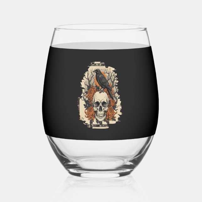 Halloween Skull Stemless Wine Glass (Front)