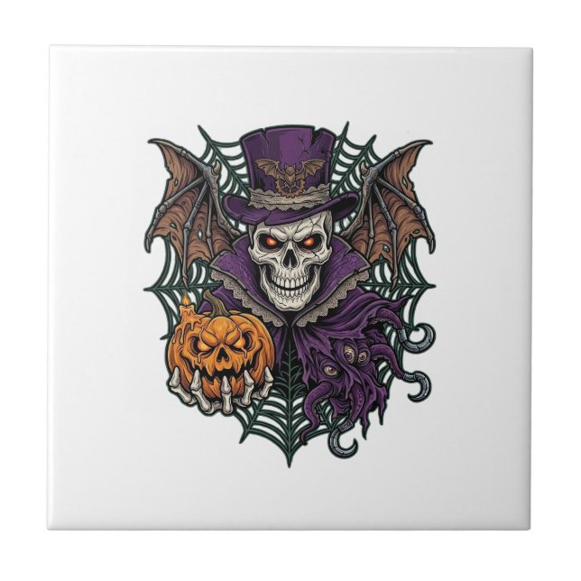 Halloween Skull Top Hat Bat Wings Pumpkin Spider W Ceramic Tile (Front)