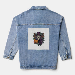 Halloween Skull Top Hat Bat Wings Pumpkin Spider W Denim Jacket
