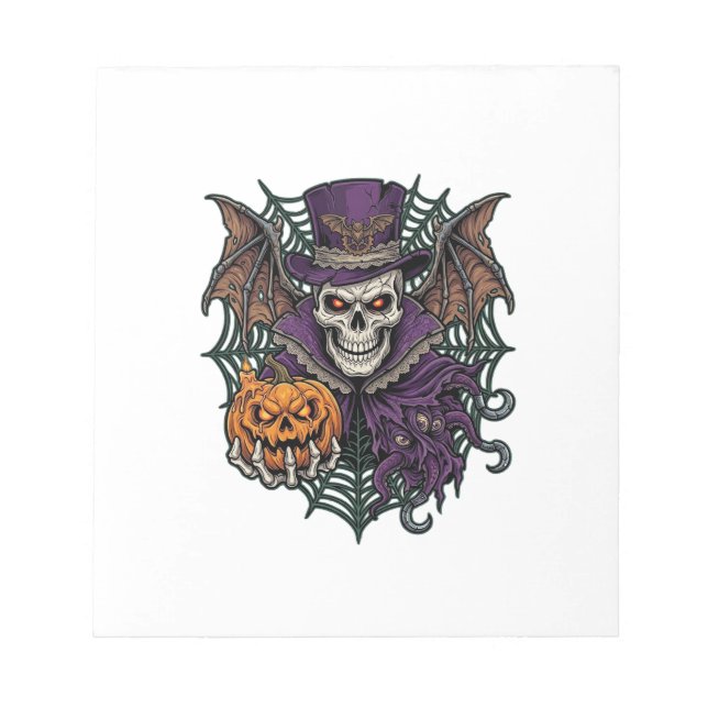 Halloween Skull Top Hat Bat Wings Pumpkin Spider W Notepad (Front)