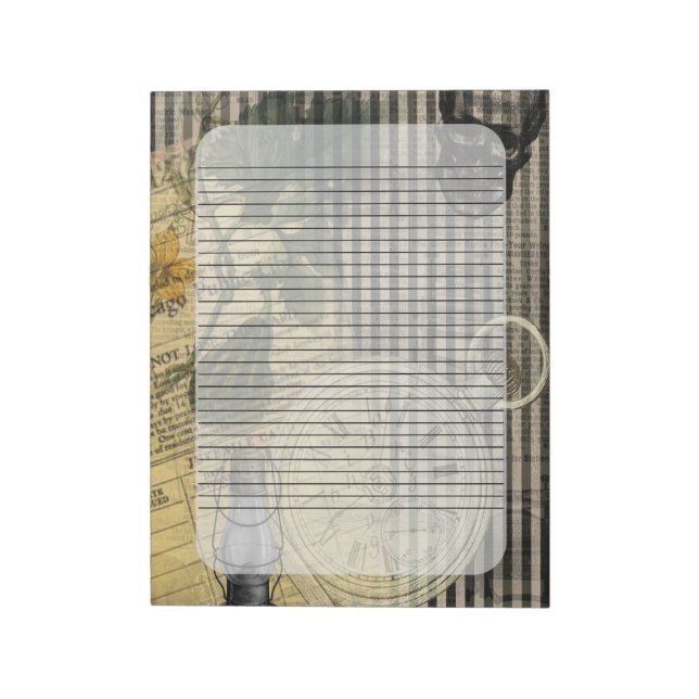 Halloween Skull Vintage Clock and Green Pumpkin Notepad (Rotated)