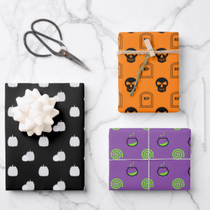 halloween skull white pumpkin cauldron wrapping paper sheet