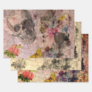 Halloween Skull, Wine Glass and Yellow Butterfly Wrapping Paper Sheet