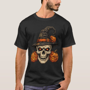 Halloween Skull Witch Hat Jack O Lantern Pumpkins T-Shirt