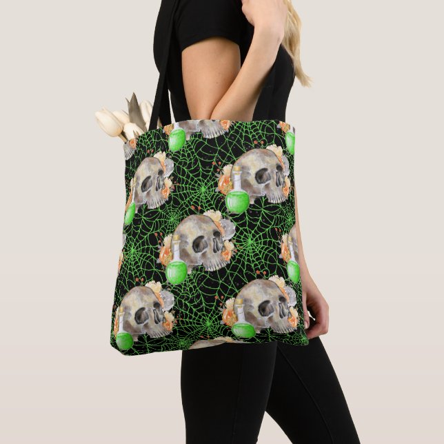 HALLOWEEN SKULL WITH GREEN SPIDER WEBS & POTIONS TOTE BAG (Close Up)