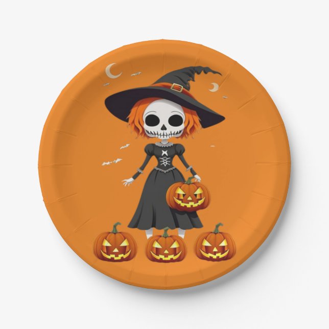 Halloween skull with pumpkin paper plate (Front)