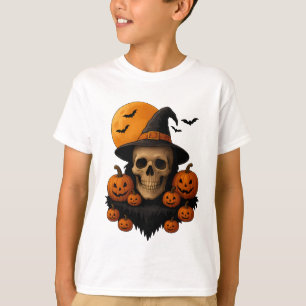 Halloween Skull With Pumpkins and Witch Hat T-Shir T-Shirt