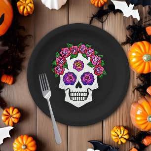 Halloween Skull with Roses Paper Plate