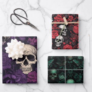 Halloween Skulls and Flowers Wrapping Paper Sheet